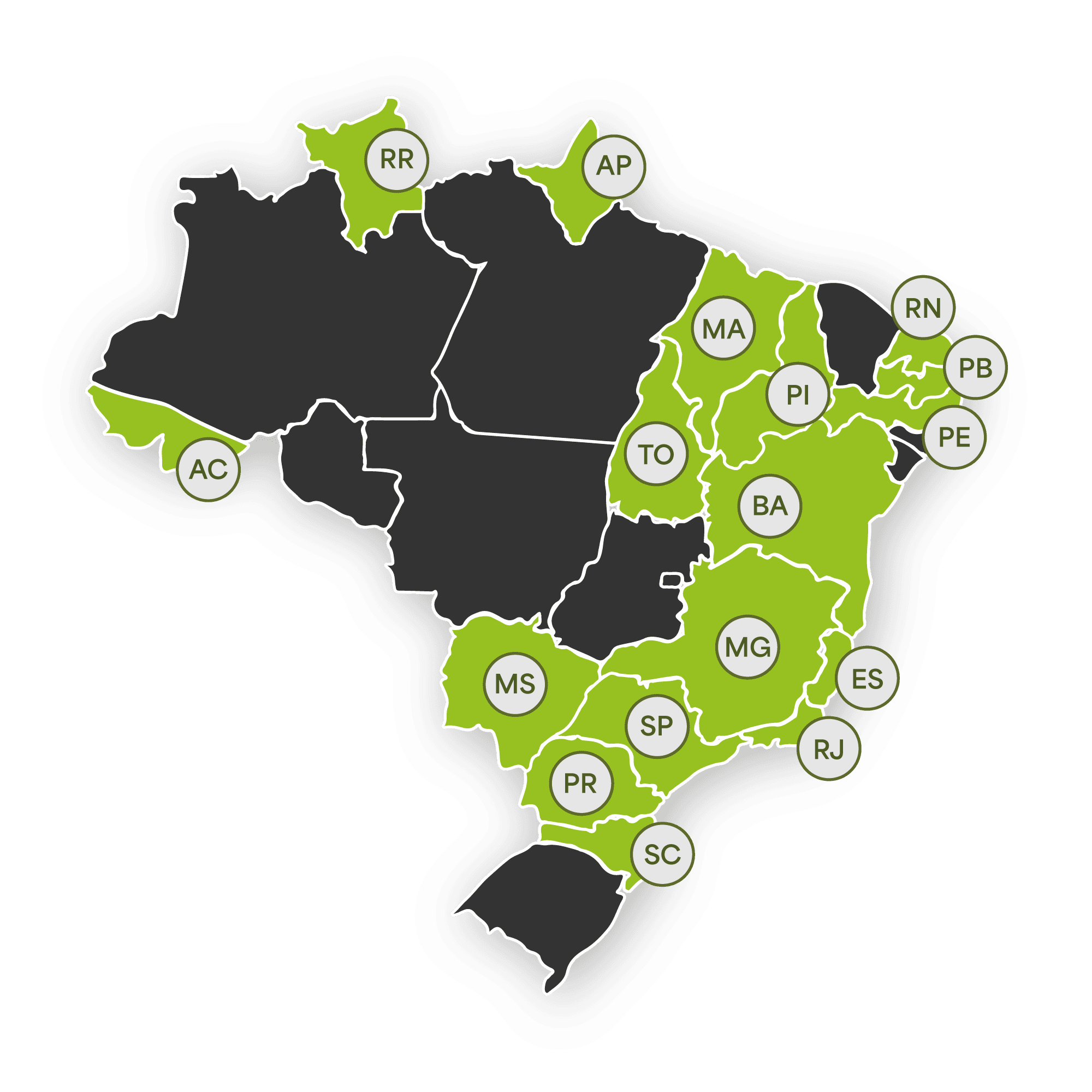 Mapa dos estados de atuação da Alias Tecnologia